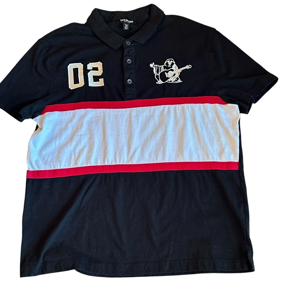 True Religion Relaxed Panelled Polo‎ Shirt Black Number 02 Embroidered Logo M